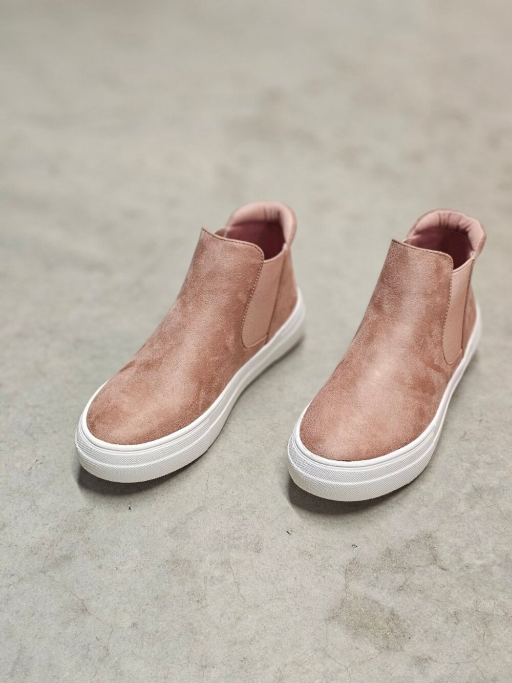 Blush Nubuck Slip-On Platform Sneakers With Elastic Side Panels & White Soles Fo - Picture 14 of 14